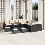 Ensemble de canapés de jardin 14 pièces avec coussins Noir Poly Rattan Acacia