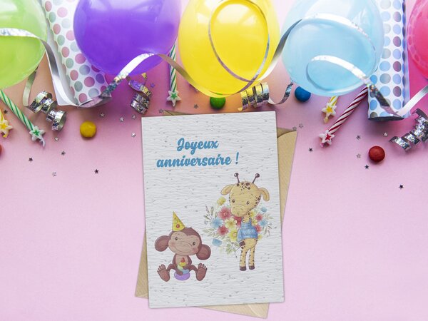 Carte à planter singe et girafe pour anniversaire