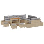 Ensemble de Canapé de Jardin de 14 pièces avec Coussins Beige Poly Rotin Acacia