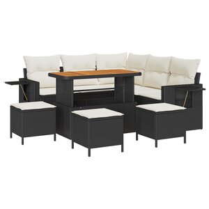 Ensemble de Canapé de Jardin 9 Pièces avec Coussins Noir Rattan Poly Acacia