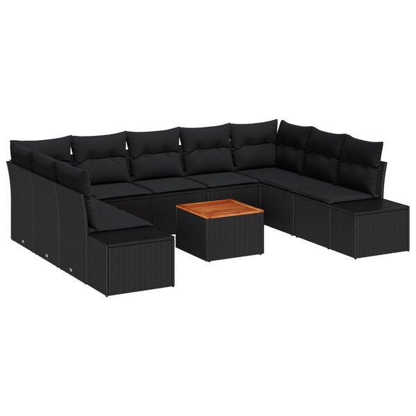 vidaXL Ensemble de canapé de jardin 10 pièces avec coussins noir poly rotin acacia