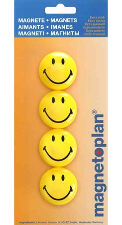 Blister de 4 Aimants smiley Diam 40 mm Jaune MAGNÉTOPLAN