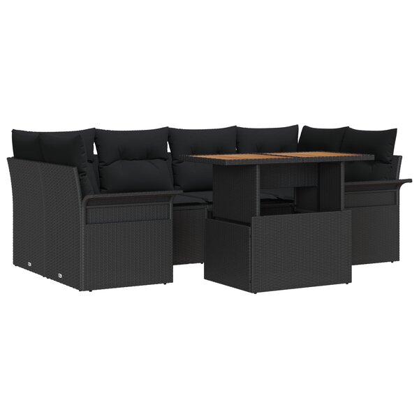 vidaXL Set de Canapés de Jardin 7 Pièces avec Coussins Noir Poly Rattan Acacia