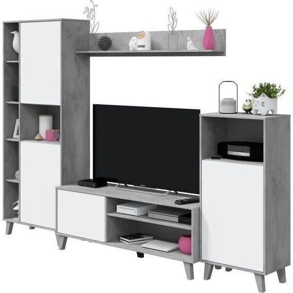 Ensemble meuble TV modulable - Blanc Artik et gris ciment - 260 x 33 x 184 cm