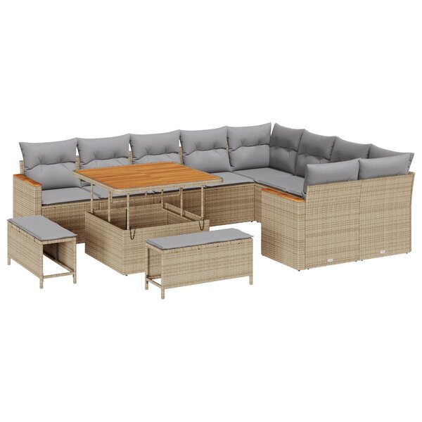 Ensemble de canapé de jardin 12 pièces avec coussins beige poly rattan acacia