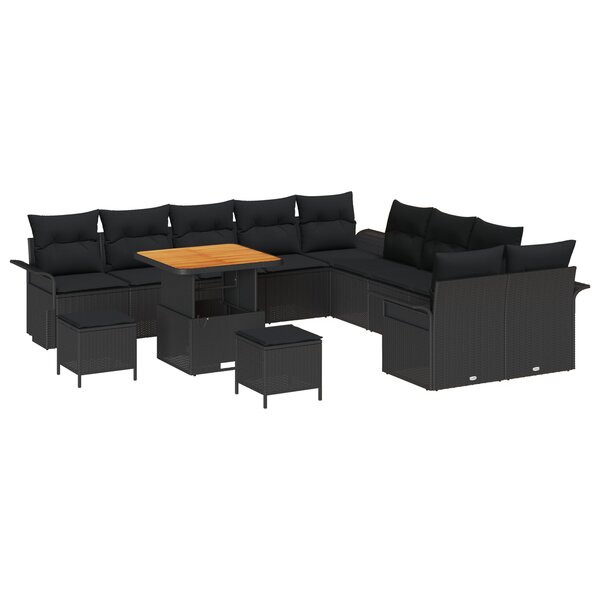 Ensemble de Canapé de Jardin 13 Pièces avec Coussins Noir Poly Rattan Acacia