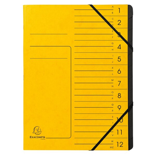Trieur Agrafé Avec Élastiques Intérieur Noir 12 Compartiments - A4 - Jaune - X 10 - Exacompta