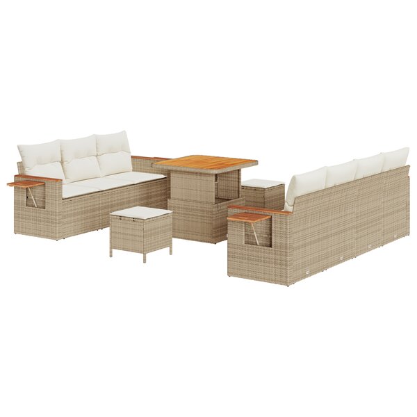 vidaXL Ensemble de Canapé de Jardin 10 Pièces avec Coussins Beige Rattan Poly Acacia