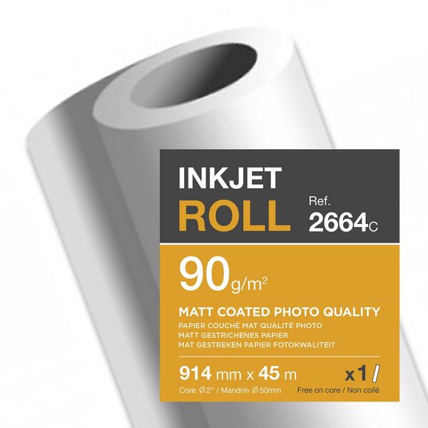 Rouleau de papier couché blanc mat 2664C pour traceur jet d'encre - Format 0,914 x 45m - 90g (rouleau 45 mètres)