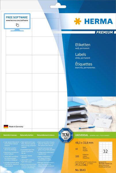 Bte de 320 etiquettes universelles premium 48,3 x 33,8 mm blanc herma