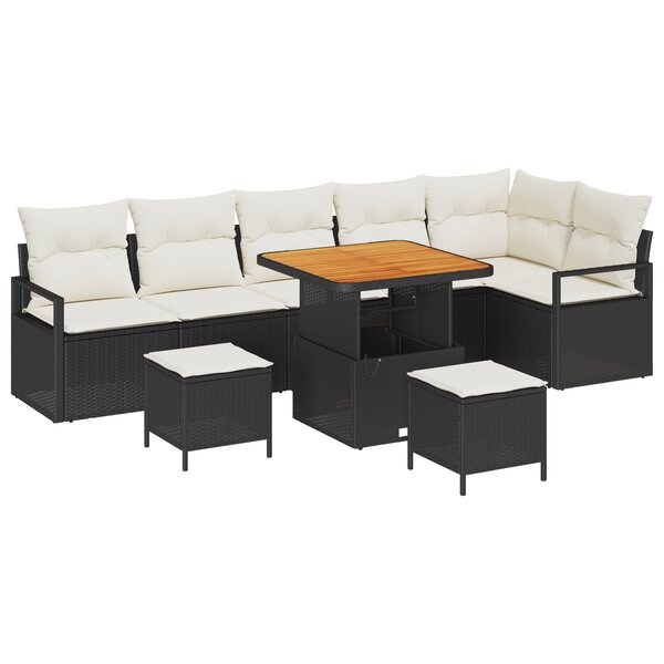 Ensemble de canapé de jardin 9 pièces avec coussins Noir Poly Rotin Acacia