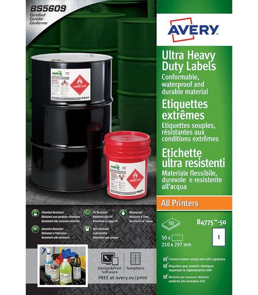 B4775-50 - 50 étiquettes ultra-résistantes en polyéthylène étirable 210x297 mm avery