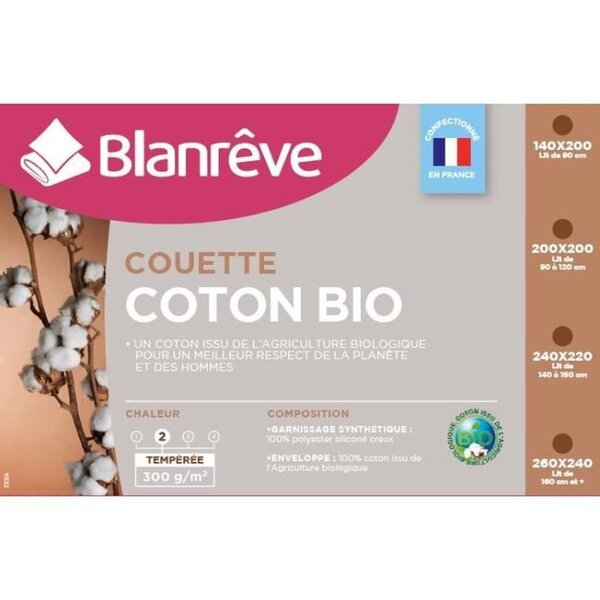Couette tempérée coton bio 300 g/ m² - 140 x 200 cm