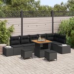 Ensemble de canapé de jardin 9 pièces avec coussins Noirs en Rotin Poly Acacia