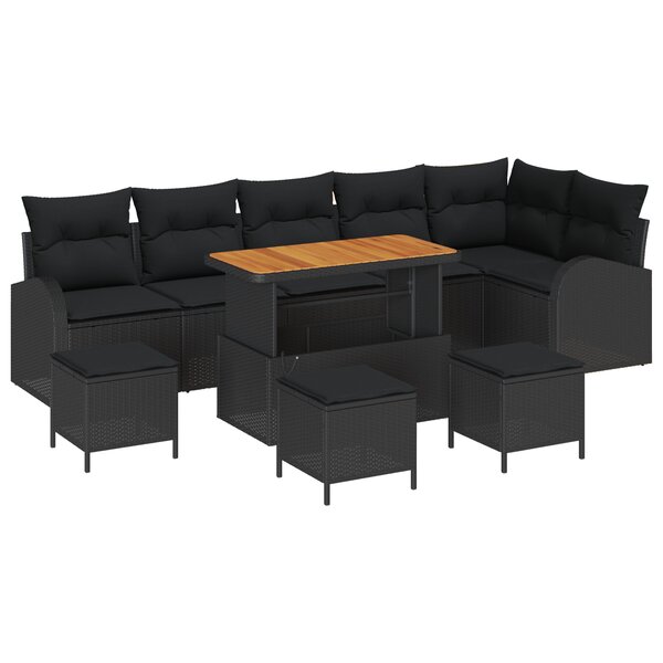 Ensemble de canapés de jardin vidaXL 10 pièces avec coussins noir poly rotin acacia