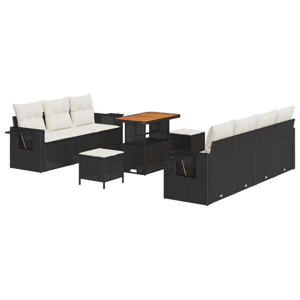 Ensemble de Canapé de Jardin de 10 Pièces avec Coussins Noir Poly Rattan Acacia