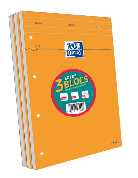 Lot 2+1 Blocs Agrafés Perforés 210x315 80g 80 feuilles Seyès orange OXFORD