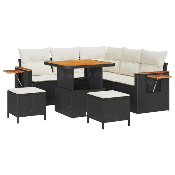 Ensemble de 8 pièces de canapé de jardin avec coussins noir en rattan poly acacia