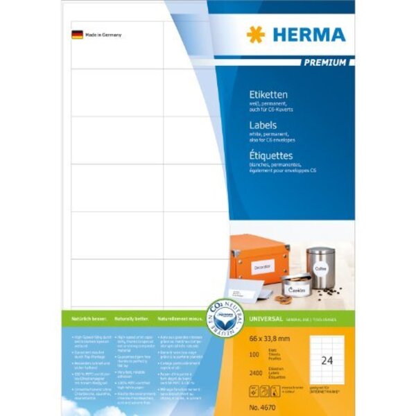Etiquettes universelles premium, 66 x 33,8 mm, blanc 2400 sur 100 f herma