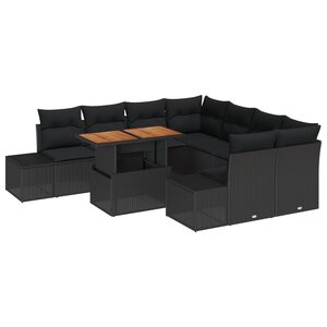 vidaXL Ensemble de salle à manger de jardin de 9 pièces avec coussins en poly rotin noir et acacia