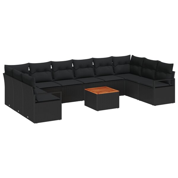 Canapé de jardin 11 pièces avec coussins noir poly rotin acacia