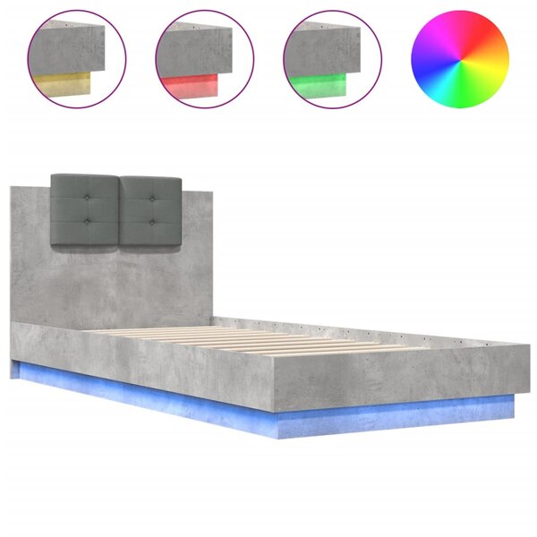 vidaXL Cadre de lit tête de lit et lumières LED gris béton 100x200 cm