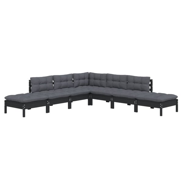 Salon de jardin meuble d'extérieur ensemble de mobilier 7 pièces avec coussins noir bois de pin 02_0017248