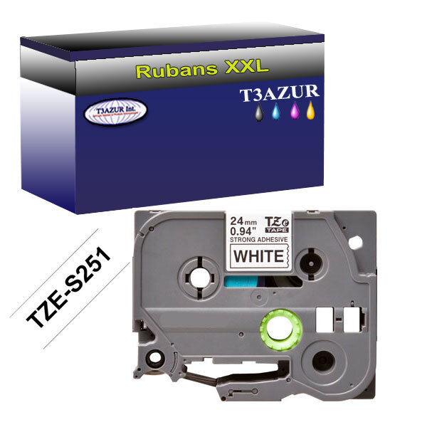 Ruban d'étiquettes laminées générique Brother Tze-251 pour étiqueteuses P-touch - Texte noir sur fond blanc - Largeur 24 mm x 8 mètres - T3AZUR