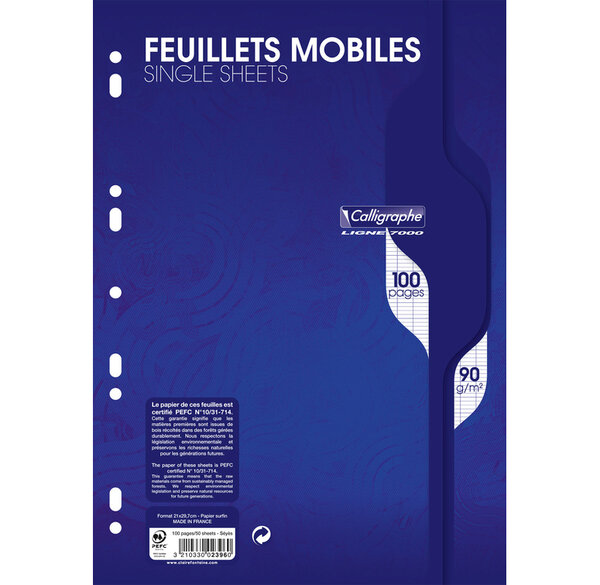Feuillets mobiles s/film 21x29,7 100p séyès 90g blanc CALLIGRAPHE