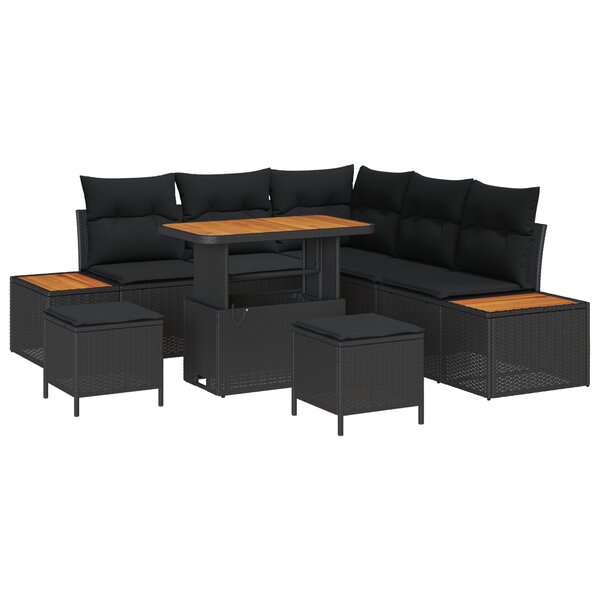 Ensemble de Canapés de Jardin 8 pièces avec Coussins Noir Poly Rotin Acacia