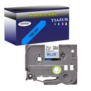Ruban pour étiquettes laminées générique Brother Tze-531 pour étiqueteuses P-touch - Texte noir sur fond bleu - T3AZUR