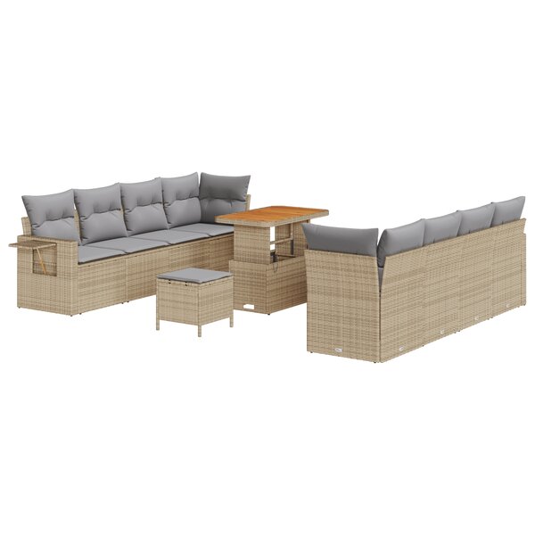 Ensemble de canapé de jardin 11 pièces avec coussins Beige Poly Rattan Acacia