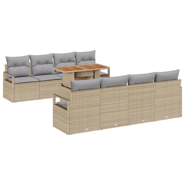 vidaXL Ensemble de Canapés de Jardin 9 pièces avec Coussins Beige Poly Rattan
