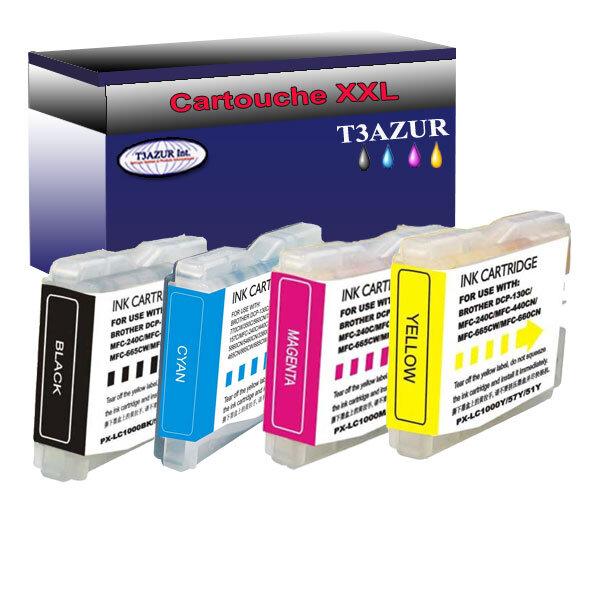 Lot de 4 Cartouches compatibles Brother FAX-2480C, FAX-2580C, LC1000XL  (Noire+Couleur) – T3AZUR