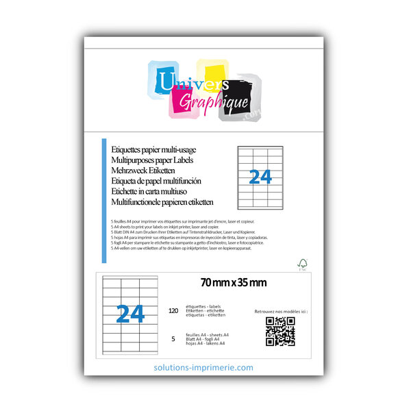 Lot de 5 planches a4 de 24 étiquettes à bords vifs 70 x 35 mm en papier blanc 70g/m² multifonction