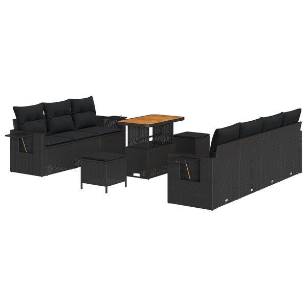 Ensemble de 10 Pièces de Sofa de Jardin avec Oreillers Noir Rattan Poly Acacia