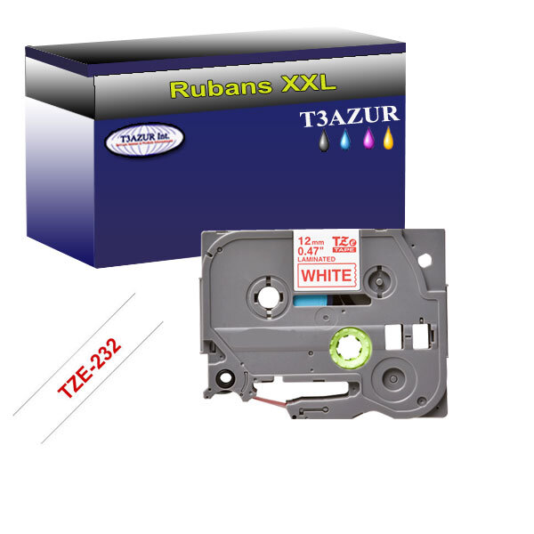 Ruban d'étiquettes laminées générique Brother Tze-232 pour étiqueteuses P-touch - Texte rouge sur fond blanc - Largeur 12 mm x 8 mètres - T3AZUR