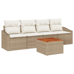 vidaXL Ensemble de Canapés de Jardin de 5 Pièces avec Coussins en Beige Poly Rattan Acacia
