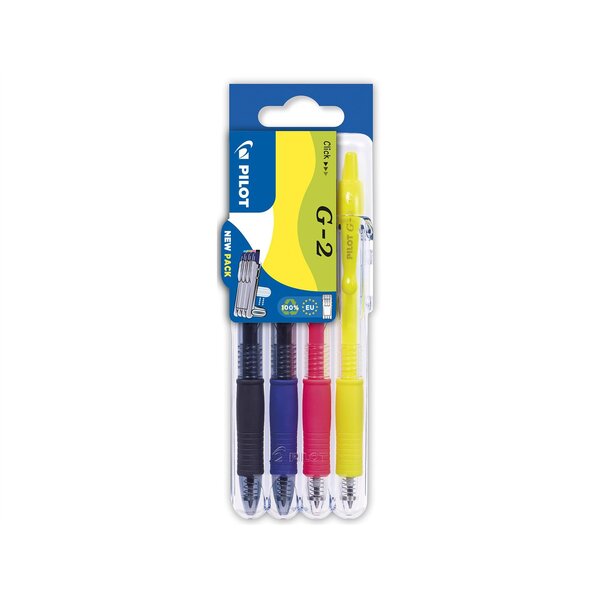 Etui 2 go 4 stylo roller g-2 7 pointe moyenne noir bleu rose fluo jaune fluo pilot