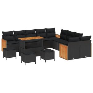 Ensemble canapé jardin vidaXL 14 pièces avec coussins noir poly rattan acacia