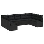 Set de canapé de jardin de 9 pièces avec coussins en rotin poly noir