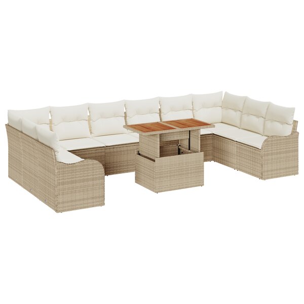 Canapé de jardin 11 pièces avec coussins beige poly rotin acacia
