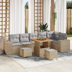 Ensemble de Sofa de Jardin 9 Pièces avec Coussins Beige Poly Rotin Acacia