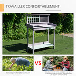Table de rempotage jardinage multi-équipée tiroir  étagère  évier dim. 92L x 43l x 120H cm bois massif pin pré-huilé gris vert menthe