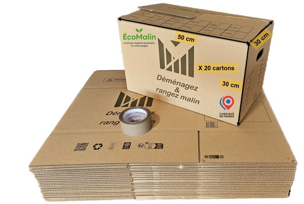 Lot de 20 cartons 50x30x30 cm poignées renforcées double épaisseur + 1 rouleau adhésif 68 m