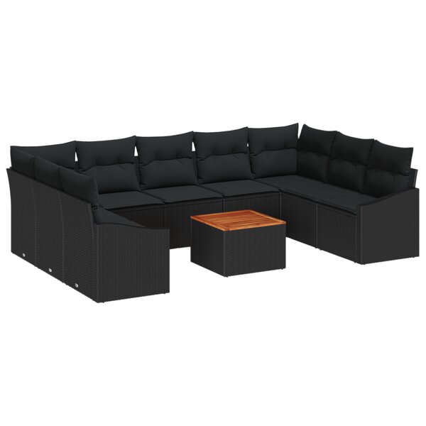 vidaXL Ensemble de canapés de jardin 10 pièces avec coussins noir poly rattan acacia