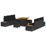 Ensemble de Canapés de Jardin 9 pièces avec Coussins Noir Poly Rattan Acacia
