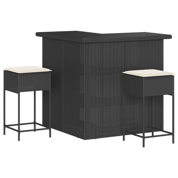 vidaXL Ensemble de bar de jardin 3 Pièces avec coussins noir poly rotin