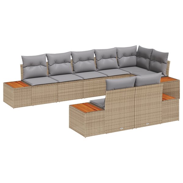 Ensemble de Canapé de Jardin de 8 Pièces avec Coussins Beige Poly Rattan Acacia