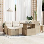Ensemble de Canapés de Jardin 7 Pièces avec Coussins Beige Rattan Poly